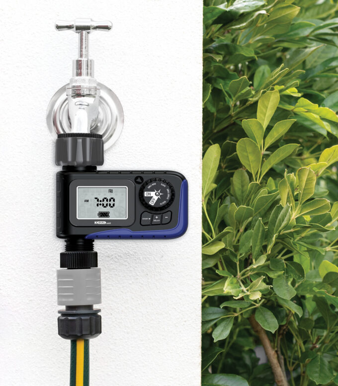 K-Rain K-Dial Mark II Dual Outlet Digital Tap Timer connected to garden tap